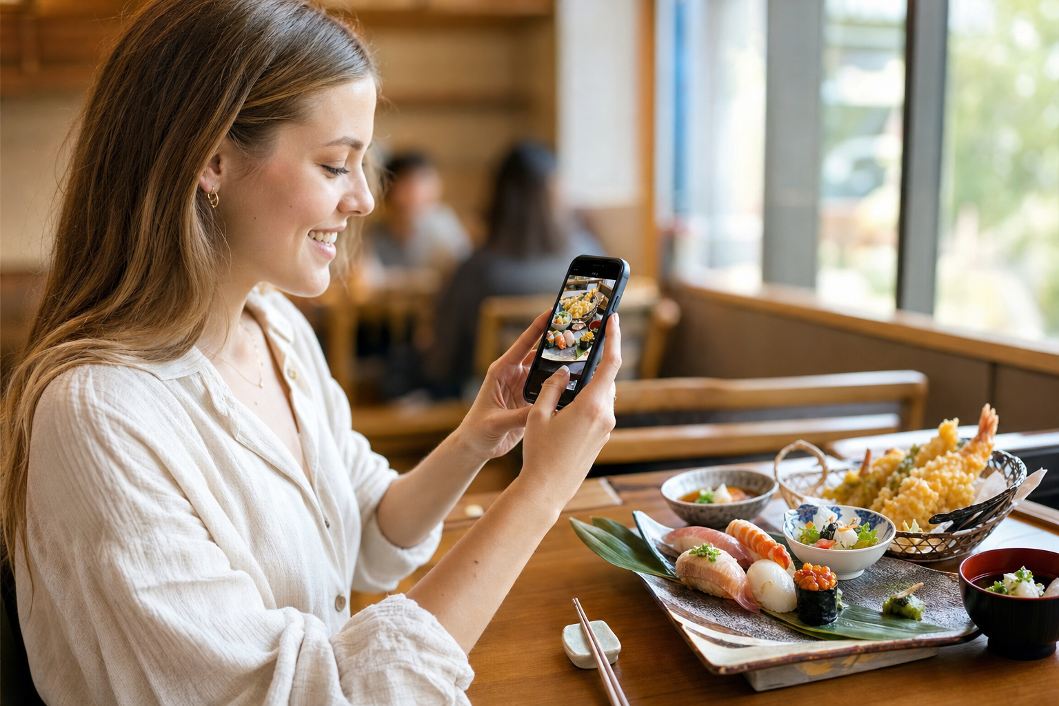 和食店でスマートフォンで料理を撮影する外国人観光客