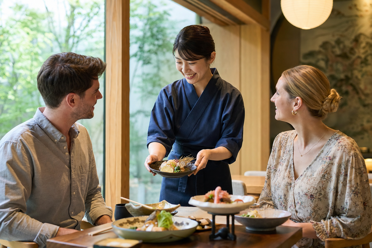 和食店で外国人客に料理を提供する着物姿のスタッフ