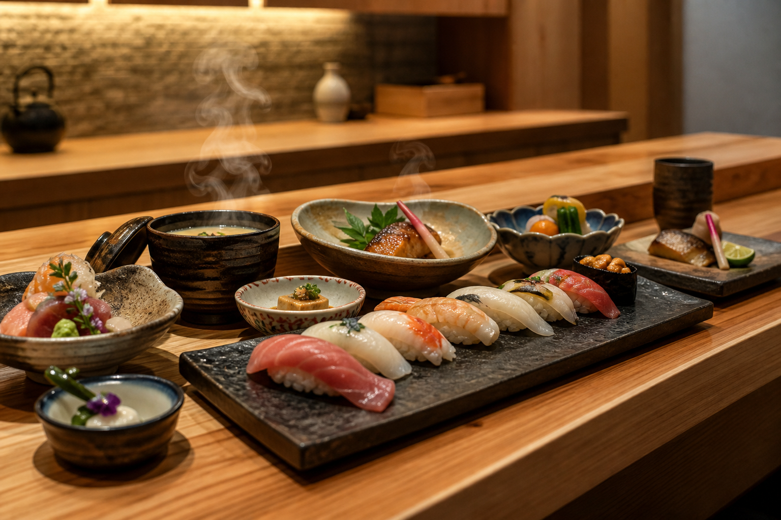 和食店のカウンターに並ぶ季節の料理と寿司