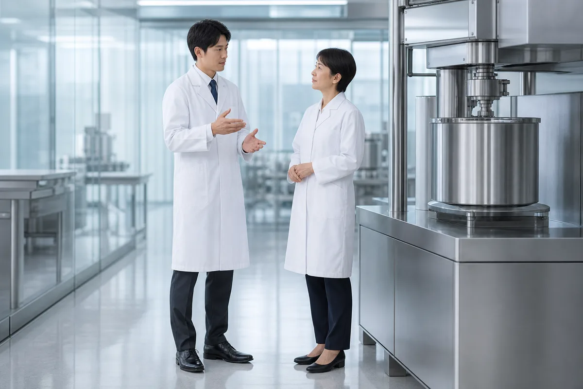 製薬企業の研究施設で打ち合わせをする研究者