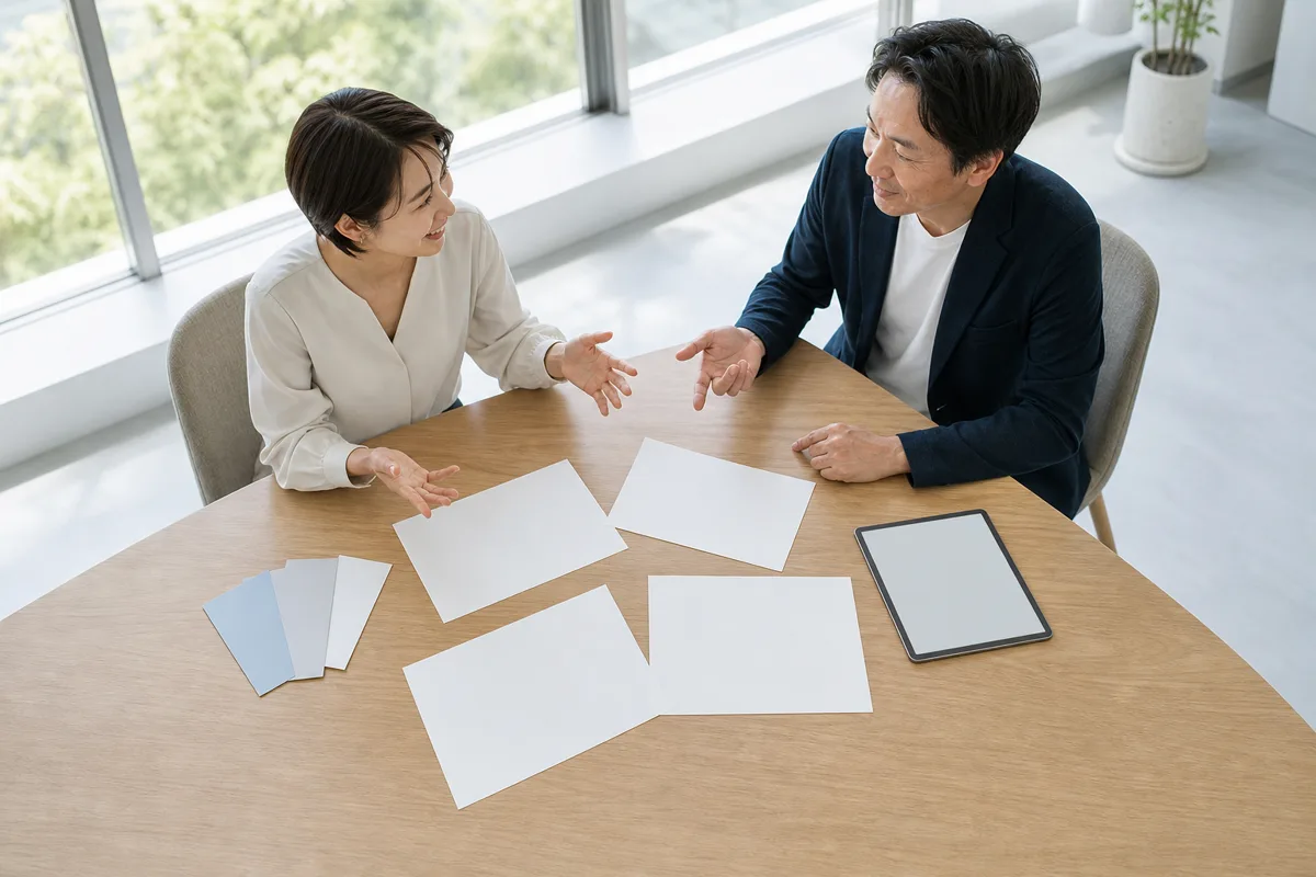 表現について打ち合わせをする2人